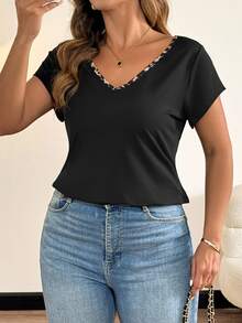 Vionelle Plus Size Women's Backless V-Neck Bowknot Back T-Shirt, Elegant Casual - Multicolor - View 6