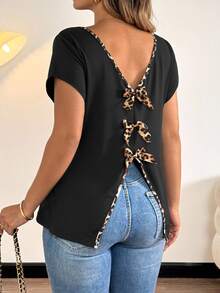 Vionelle Plus Size Women's Backless V-Neck Bowknot Back T-Shirt, Elegant Casual - Multicolor - View 5