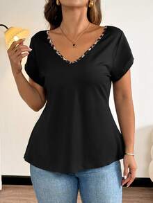 Vionelle Plus Size Women's Backless V-Neck Bowknot Back T-Shirt, Elegant Casual - Multicolor - View 8