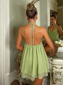 SHEIN Unity Fresh Green Backless Deep V Double Ruffle Mini Dress,Flowy Chiffon A-Line Skirt,Casual Tropical Sexy Outfit,For Beach Vacation And Summer Party - Green - View 3