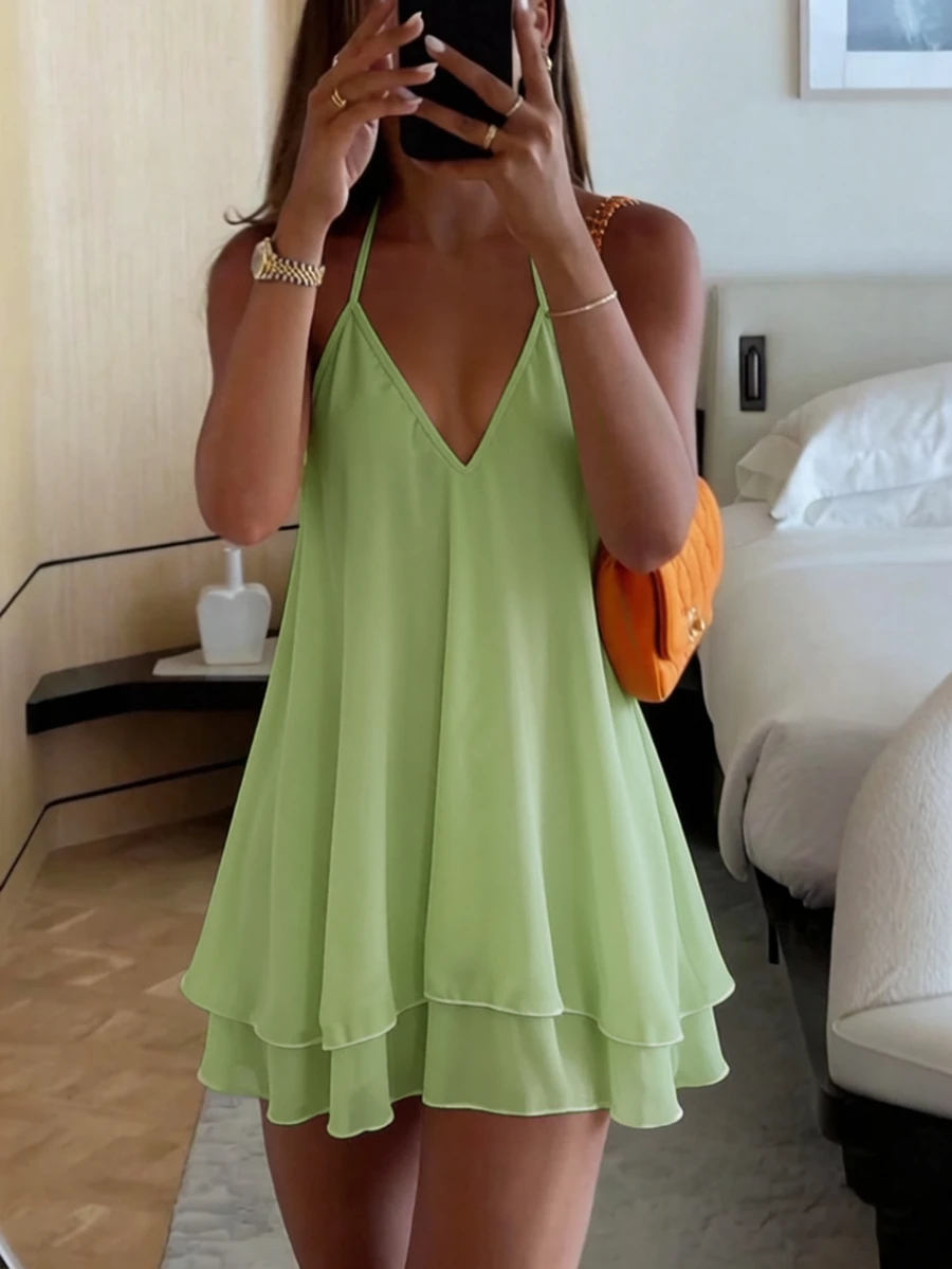 SHEIN Unity Fresh Green Backless Deep V Double Ruffle Mini Dress,Flowy Chiffon A-Line Skirt,Casual Tropical Sexy Outfit,For Beach Vacation And Summer Party