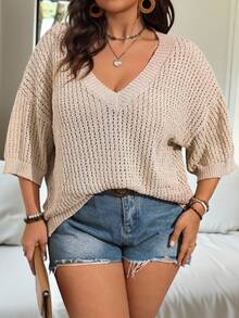 Vionelle Suéter holgado de unicolor con diseño calado de talla grande, para suéter de punto de invierno, otoño - Caqui - Ver 7