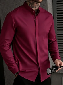 Manfinity Homme Men's Fashion Casual Long Sleeve Shirt Men's Stand-Up Collar Solid Color Button Long Sleeve Shirt, - Burgundy - View 1