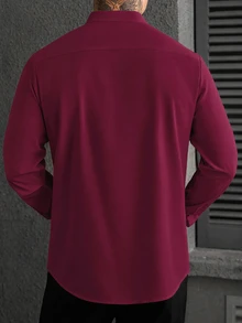 Manfinity Homme Men's Fashion Casual Long Sleeve Shirt Men's Stand-Up Collar Solid Color Button Long Sleeve Shirt, - Burgundy - View 2