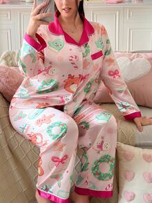 Slumberry CURVE Set Piyama Atasan dan Celana Kancing Tunggal Motif Kartun untuk Wanita Ukuran Besar - MultiWarna - View 1