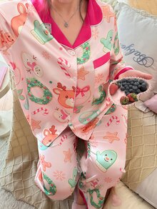 Slumberry CURVE Set Piyama Atasan dan Celana Kancing Tunggal Motif Kartun untuk Wanita Ukuran Besar - MultiWarna - View 4
