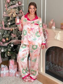 Slumberry CURVE Set Piyama Atasan dan Celana Kancing Tunggal Motif Kartun untuk Wanita Ukuran Besar - MultiWarna - View 3
