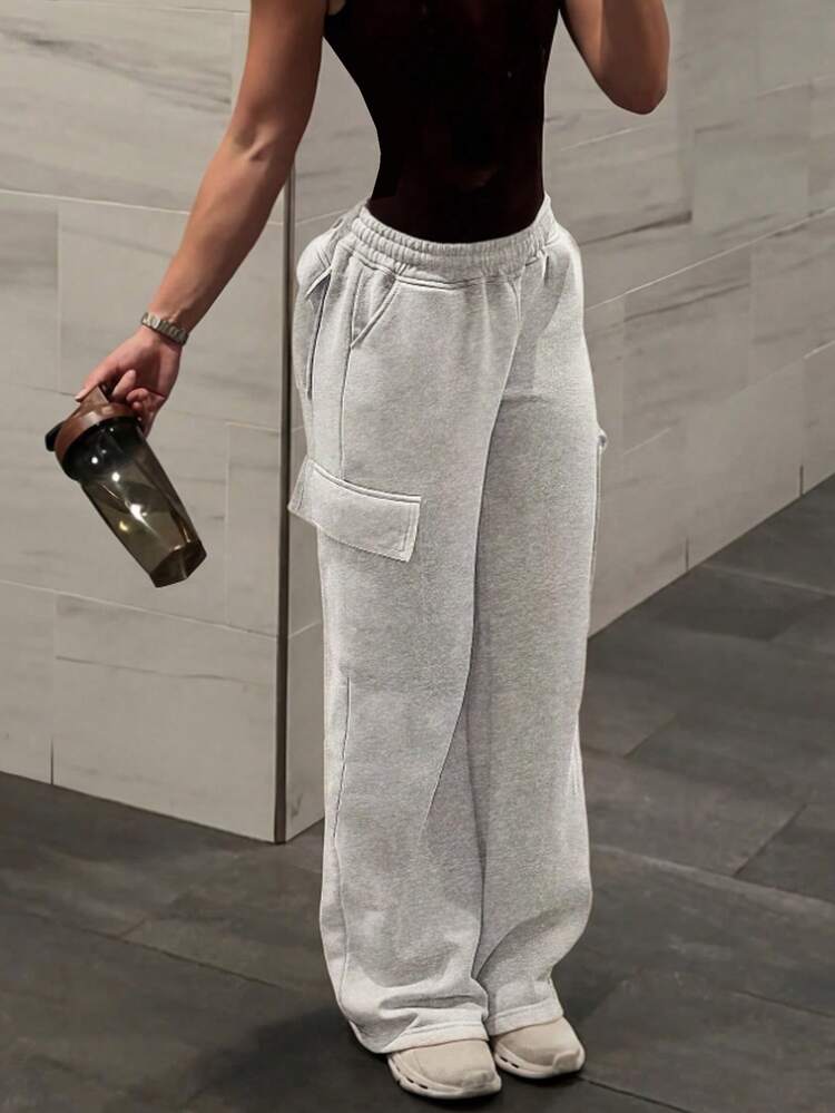 SHEIN Teen Girls Light Gray Cargo Sweatpants With Cargo Pockets, Casual Sports - Grey - View 3