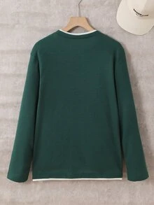 SHEIN 青少年男孩圓領長袖對比領口與袖口T恤，春秋時尚款，適合秋冬穿著 - 墨綠色 - 查看 2