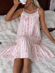 CottageSlumber Pink And White Striped Ditsy Floral Contrast Lace Cami Sleep Dress Summer Cute - Multicolor - View 3