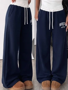 SHEIN Vacaura 青少年女孩運動休閒褲 緊身喇叭褲腿 時尚端莊 寬鬆字母印花 日常穿著 校園運動服 秋季 - 藏蓝色 - 查看 3