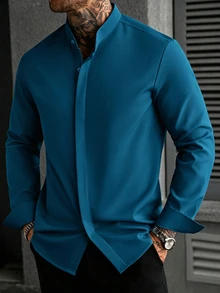 Manfinity Homme Men'S Long-Sleeve Henry Collar Shirt Designed For Formal Business Events, Wrinkle-Free Suit Shirt Suitable For Casual Workwear - Teal Blue - View 5