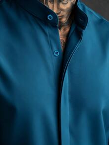 Manfinity Homme Men'S Long-Sleeve Henry Collar Shirt Designed For Formal Business Events, Wrinkle-Free Suit Shirt Suitable For Casual Workwear - Teal Blue - View 3