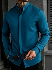 Manfinity Homme Men'S Long-Sleeve Henry Collar Shirt Designed For Formal Business Events, Wrinkle-Free Suit Shirt Suitable For Casual Workwear - Teal Blue - View 4