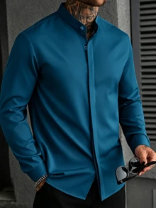 Manfinity Homme Men'S Long-Sleeve Henry Collar Shirt Designed For Formal Business Events, Wrinkle-Free Suit Shirt Suitable For Casual Workwear - Teal Blue - View 6
