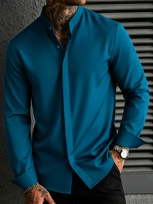 Manfinity Homme Men'S Long-Sleeve Henry Collar Shirt Designed For Formal Business Events, Wrinkle-Free Suit Shirt Suitable For Casual Workwear - Teal Blue - View 1