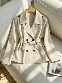 SHEIN Sparklyn 女童米色收腰鈕扣裝飾長袖風衣，秋季服飾，肩部補丁設計，校園休閒甜美工裝風 - 卡其色 - 查看 3