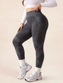 SHEIN Plus Size Women's High Waist Butt Lifting Sports Curve Alternative Leggings Gym Gray Fall - Black - View 5