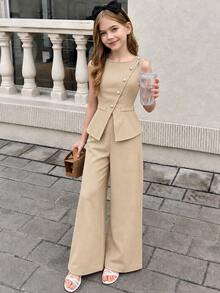 SHEIN 青少年女孩2件套：卡其色背心褲，兒童休閒家庭套裝，亮面提花珍珠鈕扣開襟衫，適合夏季晚會與音樂會 - 卡其色 - 查看 6