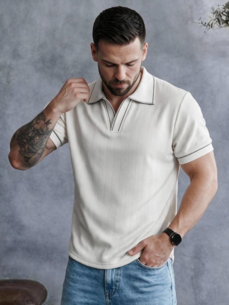 EGENSIO Men's Contrast Color Casual Versatile Daily Travel Short Sleeve Polo Shirt - White - View 1