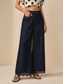 Selenza 女款時尚鈕扣口袋蕾絲拼接牛仔褲 - 深色水洗藍 - 查看 6