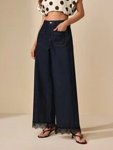 Selenza 女款時尚鈕扣口袋蕾絲拼接牛仔褲 - 深色水洗藍 - 查看 5