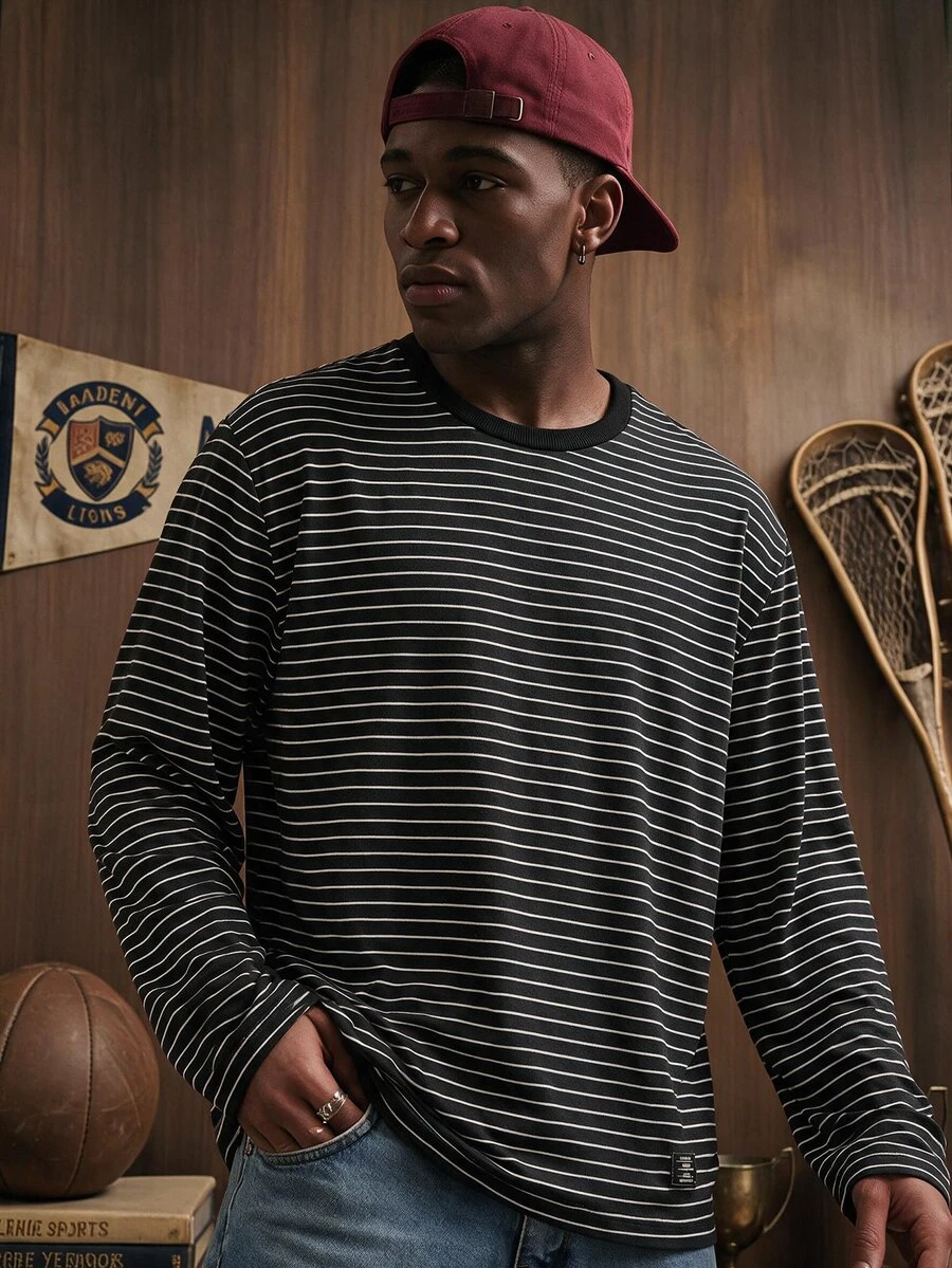 FRESIVO Men Striped Print Patched Detail Tee, Summer, Fall, Couple Things, Long Sleeve Top - Black - View 1