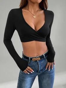 SHEIN PETITE Atasan Wanita Membungkus Plain Seksi - Hitam - View 1