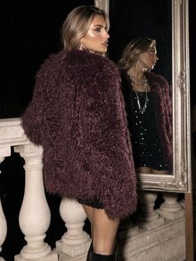 Anewsta Short Fashion Faux Fur Jacket - Burgundy - View 2