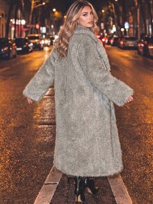 Anewsta Essential Autumn/Winter New Elegant Lady Faux Fox Fur Long Coat, Fashion Fur-In-One Women's Plush Overcoat - Grey - View 7
