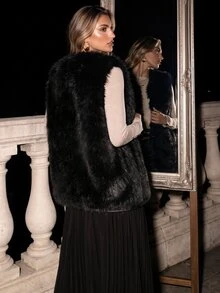 Anewsta Autumn/Winter Elegant Faux Fur Vest For Women, Sleeveless With Pockets - Black - View 8