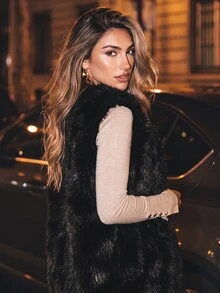 Anewsta Autumn/Winter Elegant Faux Fur Vest For Women, Sleeveless With Pockets - Black - View 3
