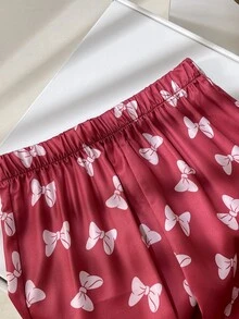 SHEIN 兒童青少年女孩粉色甜美可愛蝴蝶結圖案貼袋領口長袖秋季上衣 + 直筒睡褲 寬鬆休閒家居服套裝 2件組 - 粉色 - 查看 6