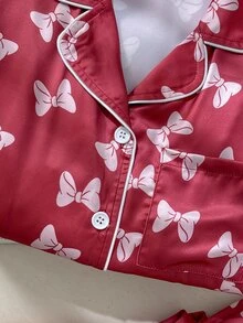 SHEIN 兒童青少年女孩粉色甜美可愛蝴蝶結圖案貼袋領口長袖秋季上衣 + 直筒睡褲 寬鬆休閒家居服套裝 2件組 - 粉色 - 查看 3