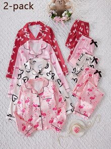 SHEIN 兒童青少年女孩粉色甜美可愛蝴蝶結圖案貼袋領口長袖秋季上衣 + 直筒睡褲 寬鬆休閒家居服套裝 2件組 - 粉色 - 查看 10