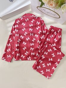 SHEIN 兒童青少年女孩粉色甜美可愛蝴蝶結圖案貼袋領口長袖秋季上衣 + 直筒睡褲 寬鬆休閒家居服套裝 2件組 - 粉色 - 查看 2