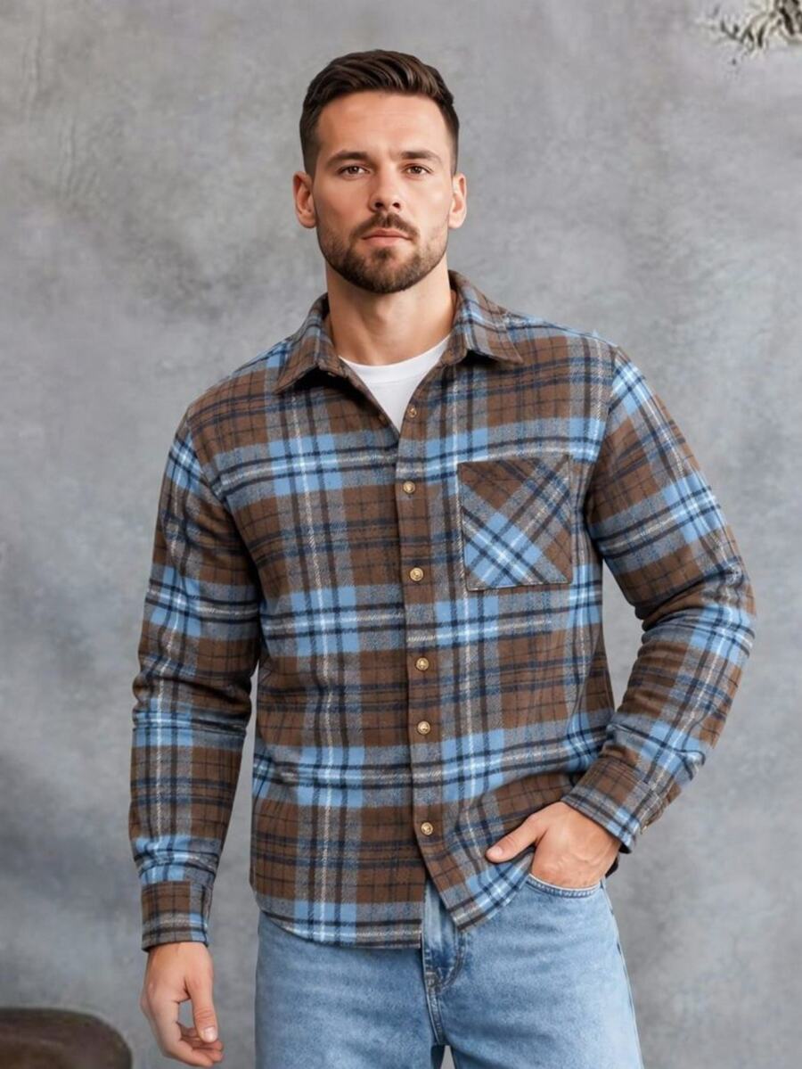 EGENSIO Men's Plaid Pattern Long Sleeve Pocket Button Front Shacket - Coffee Brown - View 1