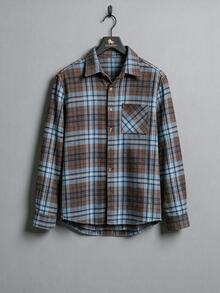 EGENSIO Men's Plaid Pattern Long Sleeve Pocket Button Front Shacket - Coffee Brown - View 2