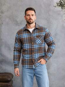 EGENSIO Men's Plaid Pattern Long Sleeve Pocket Button Front Shacket - Coffee Brown - View 6