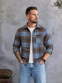 EGENSIO Men's Plaid Pattern Long Sleeve Pocket Button Front Shacket - Coffee Brown - View 3