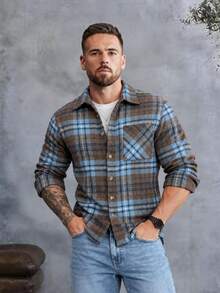 EGENSIO Men's Plaid Pattern Long Sleeve Pocket Button Front Shacket - Coffee Brown - View 4