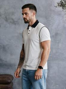 EGENSIO Men's Colorblock Casual Versatile Commute Travel Short Sleeve Polo Shirt - White - View 3