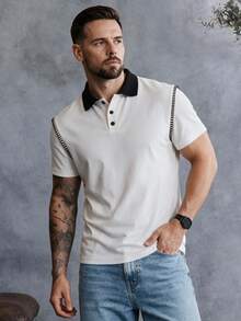 EGENSIO Men's Colorblock Casual Versatile Commute Travel Short Sleeve Polo Shirt - White - View 1