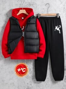 SHEIN 3件組兒童青少年男孩休閒運動印花圖案連帽套頭衛衣、寬鬆針織運動衫、針織長褲搭配厚款無袖梭織背心，適合通勤、上學、日常休閒外出，秋冬季節，羽絨外套，棉墊外套，冬季外套 - 紅色 - 查看 4