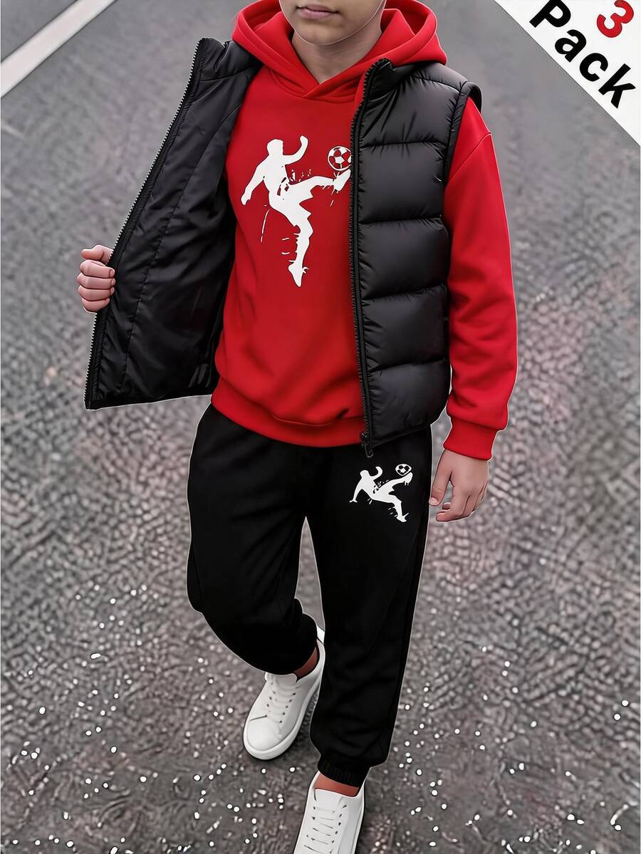 SHEIN 3件組兒童青少年男孩休閒運動印花圖案連帽套頭衛衣、寬鬆針織運動衫、針織長褲搭配厚款無袖梭織背心，適合通勤、上學、日常休閒外出，秋冬季節，羽絨外套，棉墊外套，冬季外套 - 紅色 - 查看 1
