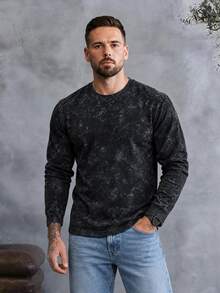 EGENSIO Men's Black Long Sleeve T-Shirt With Snow Wash Effect, Casual Streetwear Crewneck Tee - Black - View 6