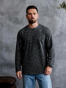EGENSIO Men's Black Long Sleeve T-Shirt With Snow Wash Effect, Casual Streetwear Crewneck Tee - Black - View 3