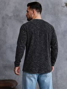EGENSIO Men's Black Long Sleeve T-Shirt With Snow Wash Effect, Casual Streetwear Crewneck Tee - Black - View 4