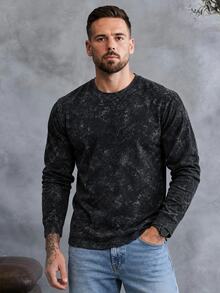 EGENSIO Men's Black Long Sleeve T-Shirt With Snow Wash Effect, Casual Streetwear Crewneck Tee - Black - View 1