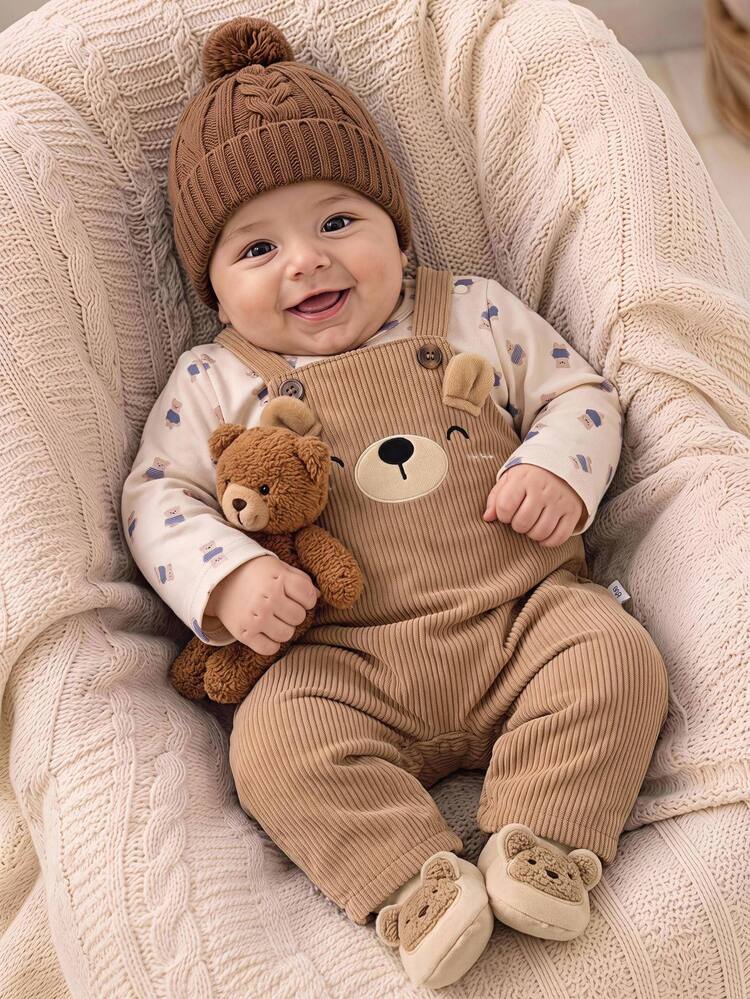 SHEIN Newborn Cute Animal Print Elastic Shoulder Snap Long Sleeve Pullover Thick Corduroy Adjustable Shoulder Strap 3D Embroidered Bear Pattern Romper Long Pants Set Suitable For Winter - Khaki - View 1